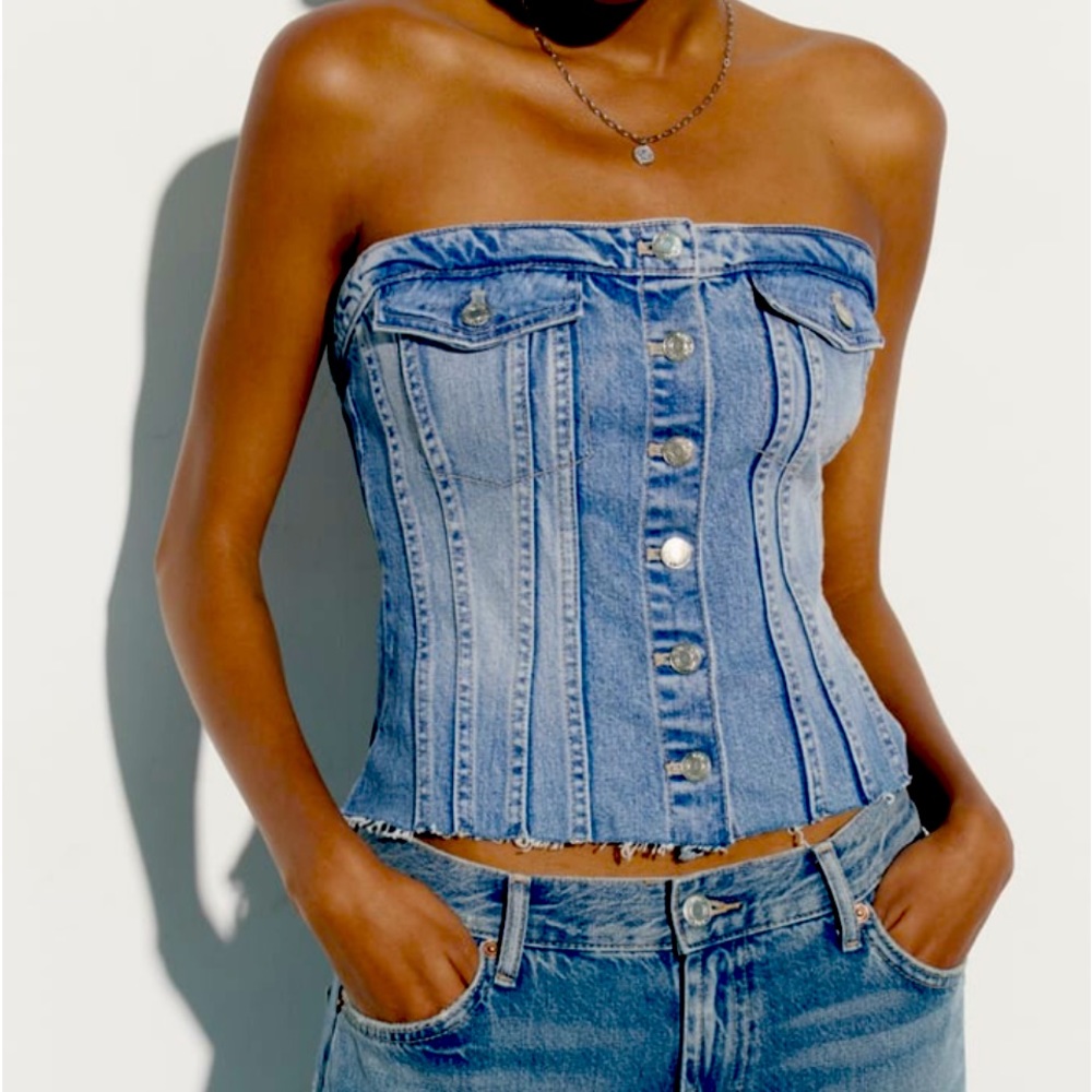 Denim Strapless Button-Up Top